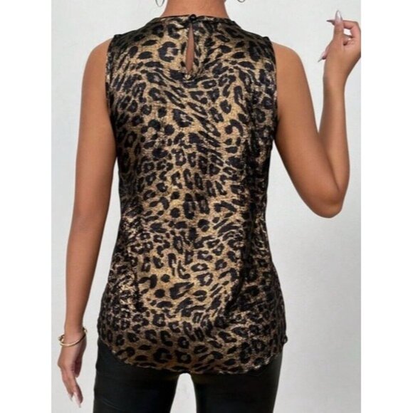 Metallic Leopard Print Sleeveless Blouse With Button Back Closure - Picture 4 of 4